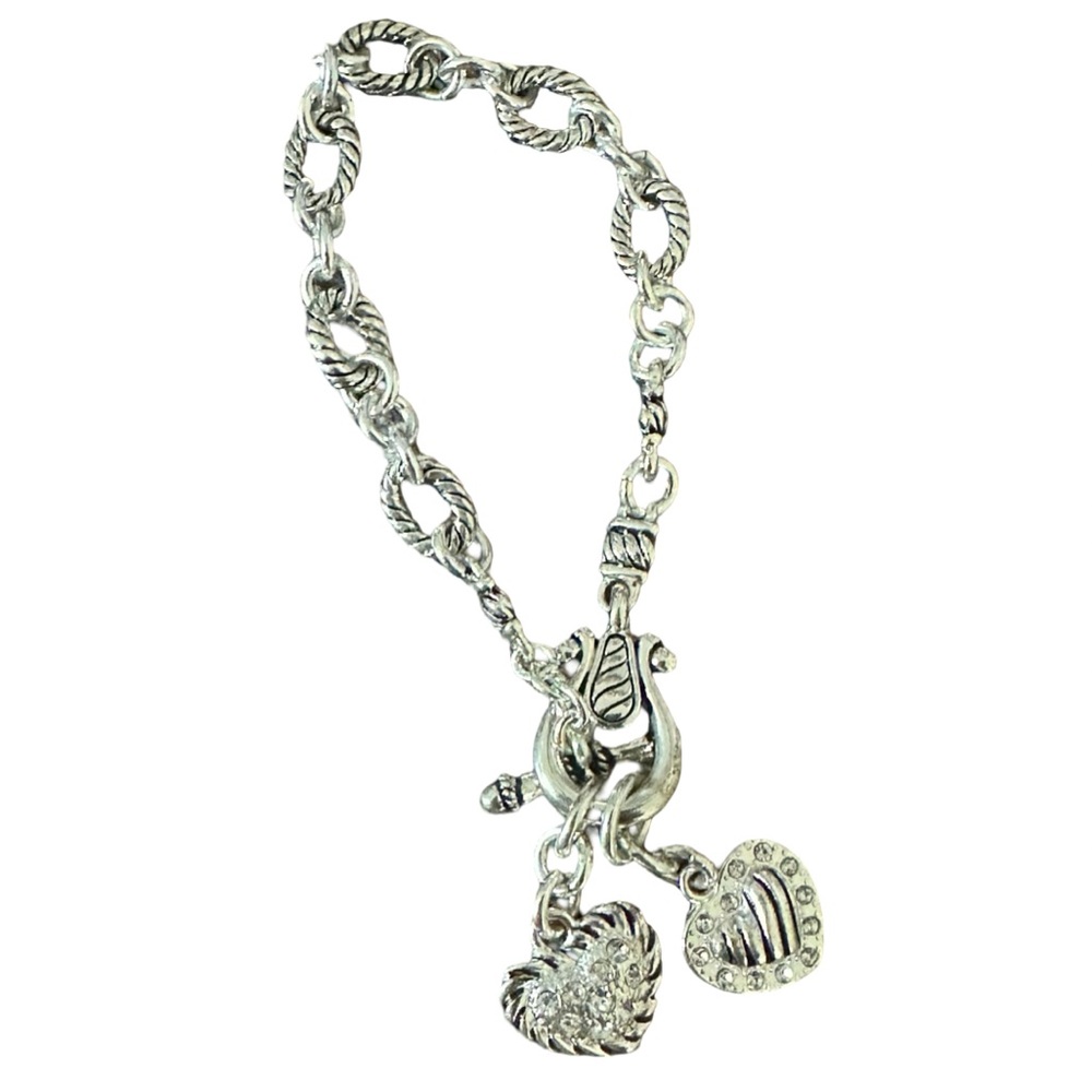 Silver Tone Charm Bracelet Heart Charms Toggle Clasp